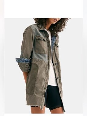 Free People Olive Utility Jacket with Blue Denim Trim